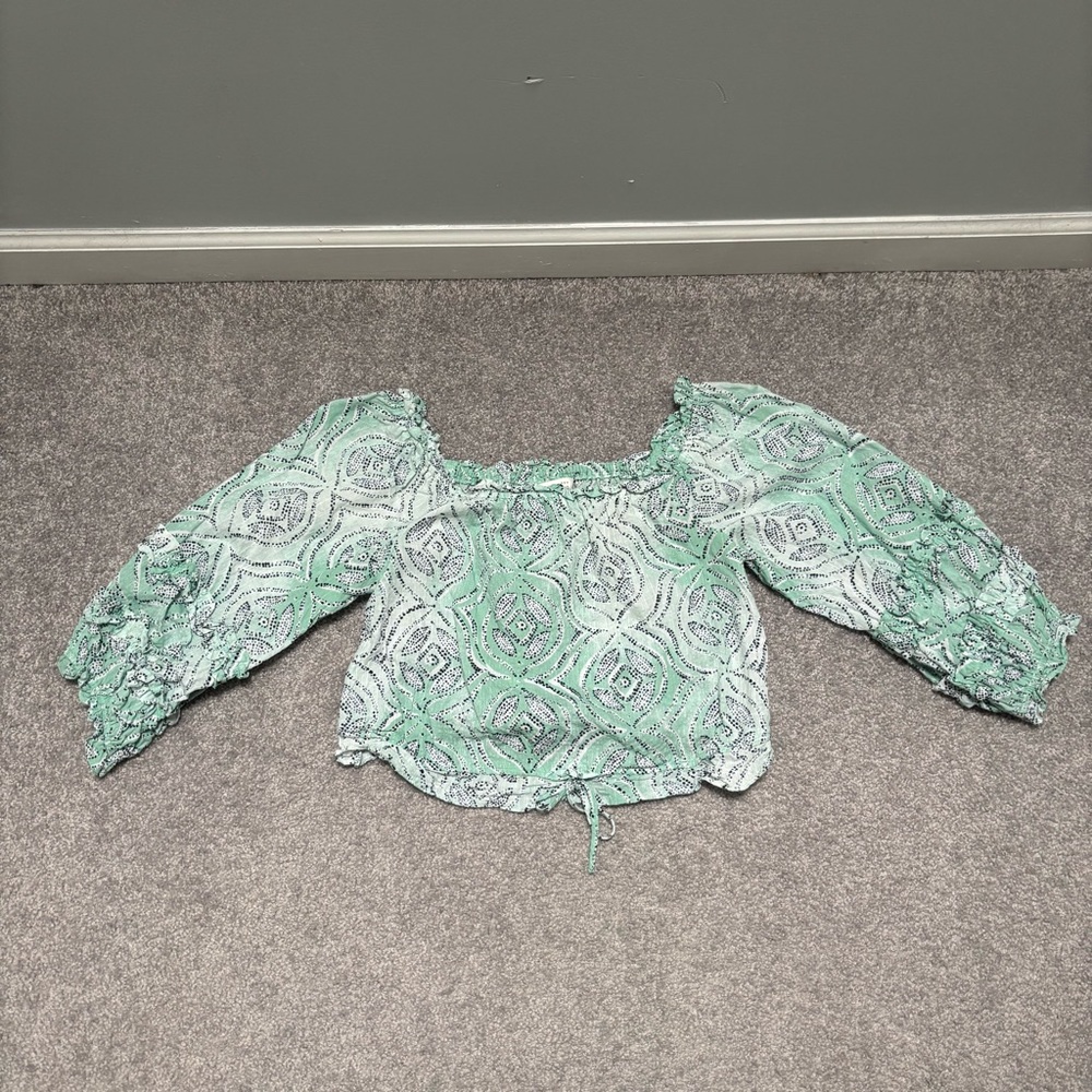 LC Lauren Conrad Mint Green Patterned Off-the-Shoulder Blouse with Tie Waist